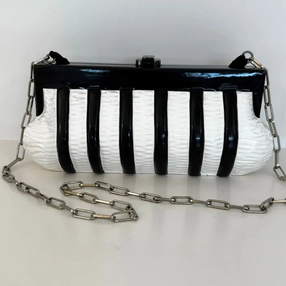 Timmy Woods Piano Wood Clutch Minaudiere Bag Black/White Striped Rare Musical